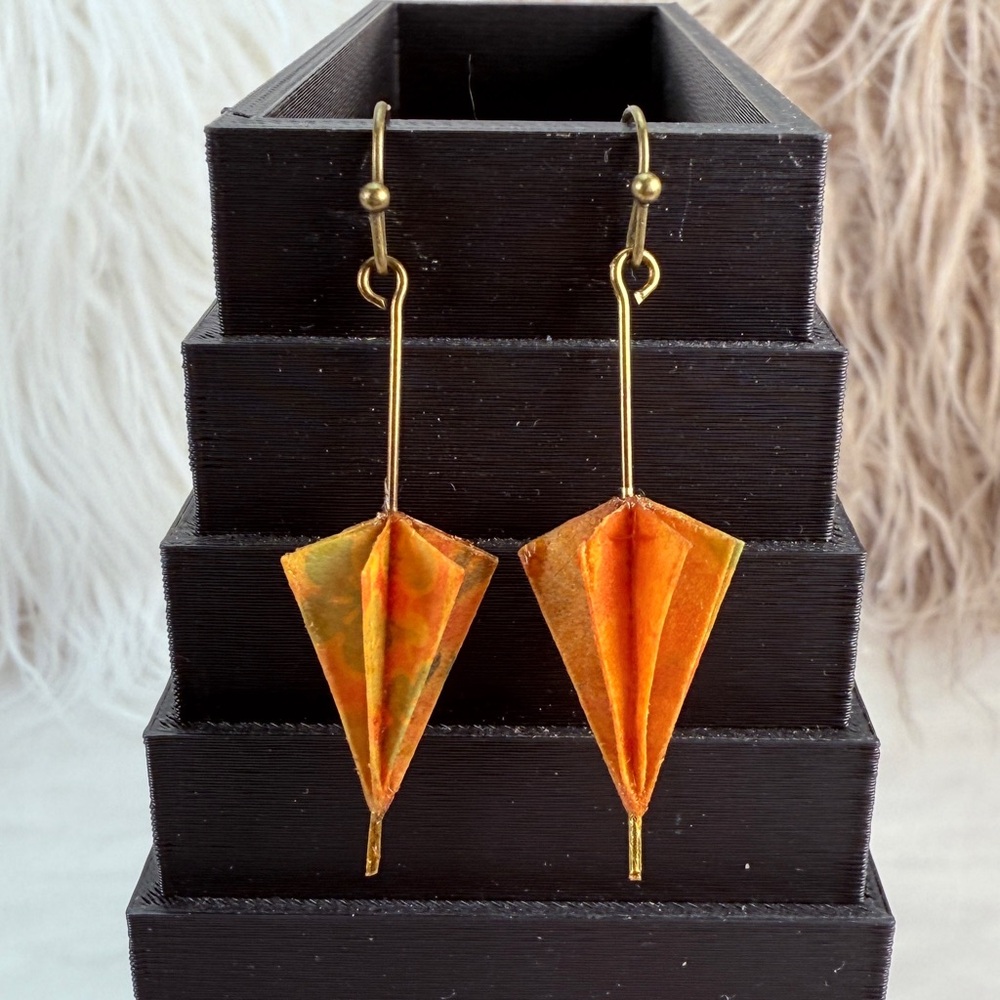 Vintage Origami Brown Orange bohemian chic pierced Earrings - Picture 4 of 7
